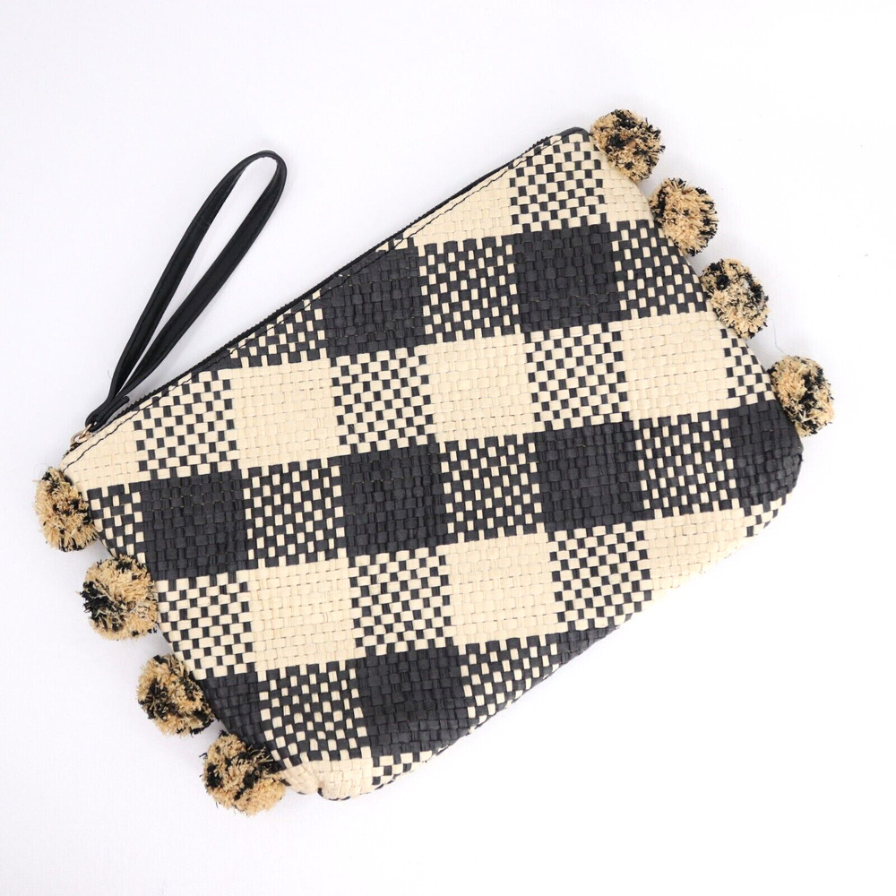 A New Day Clutch Handbag Paper Faux Leather Pom Pom Cream Black Check Purse Bag